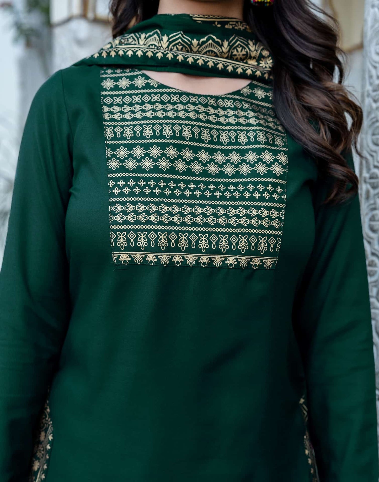 Dark Green Cotton Printed Straight Kurta with Pant & Dupatta Festive Wear for Women