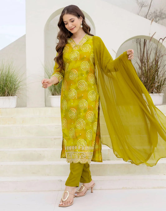 Cotton Blend Printed Straight Kurta with Pant & Dupatta