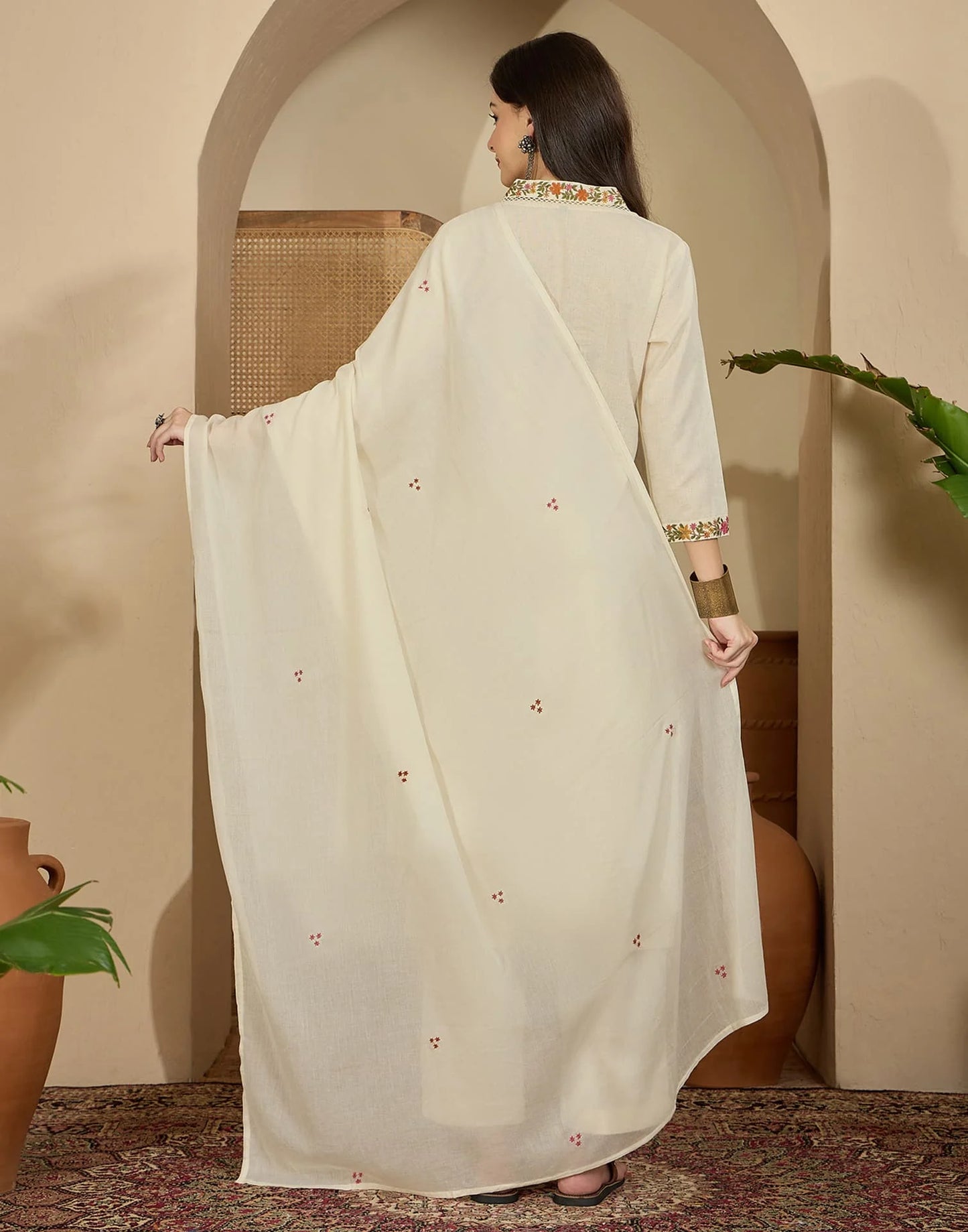Cotton Flex Straight Embroidery Square Neck Kurta with Pant & Dupatta