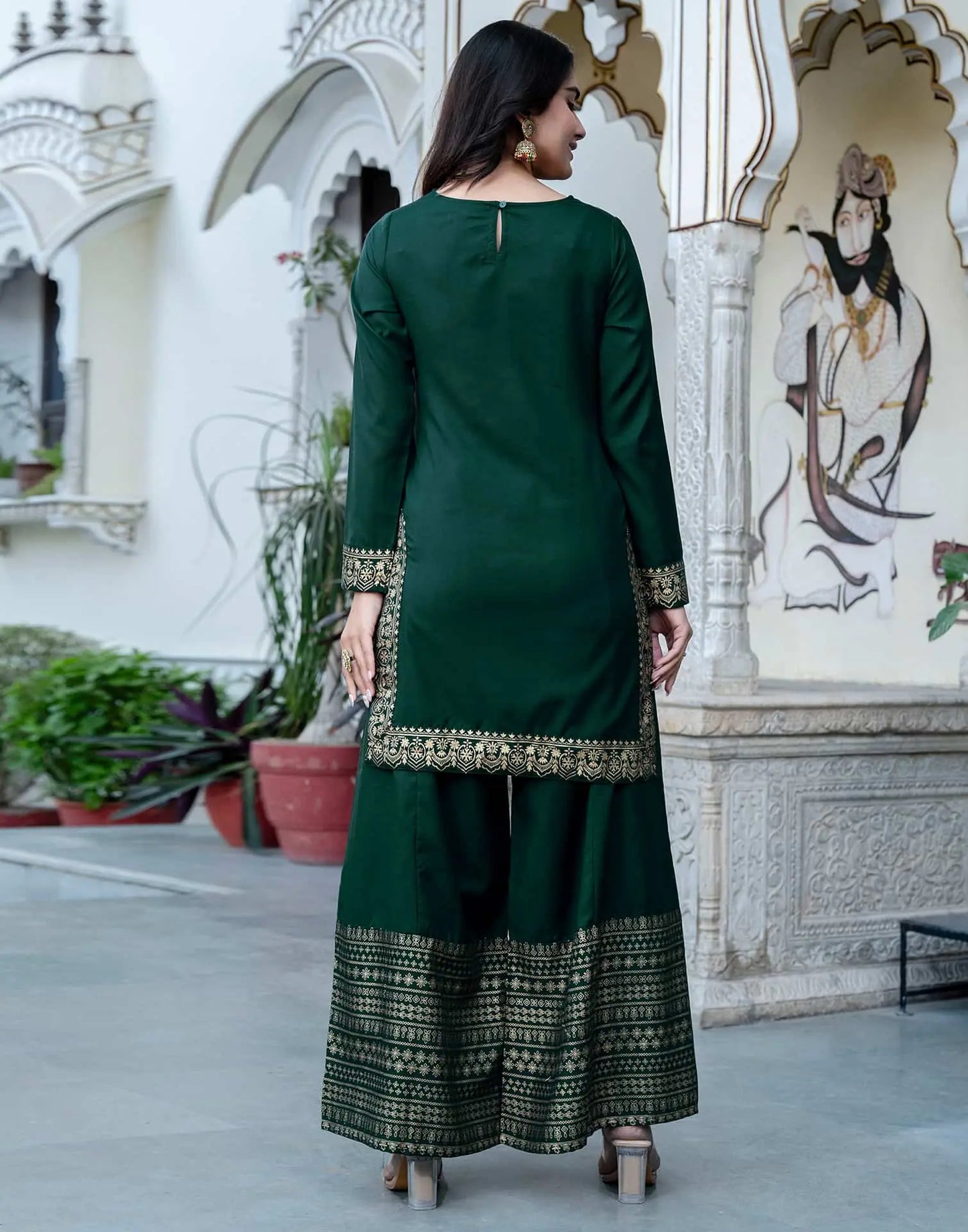 Dark Green Cotton Printed Straight Kurta with Pant & Dupatta Festive Wear for Women