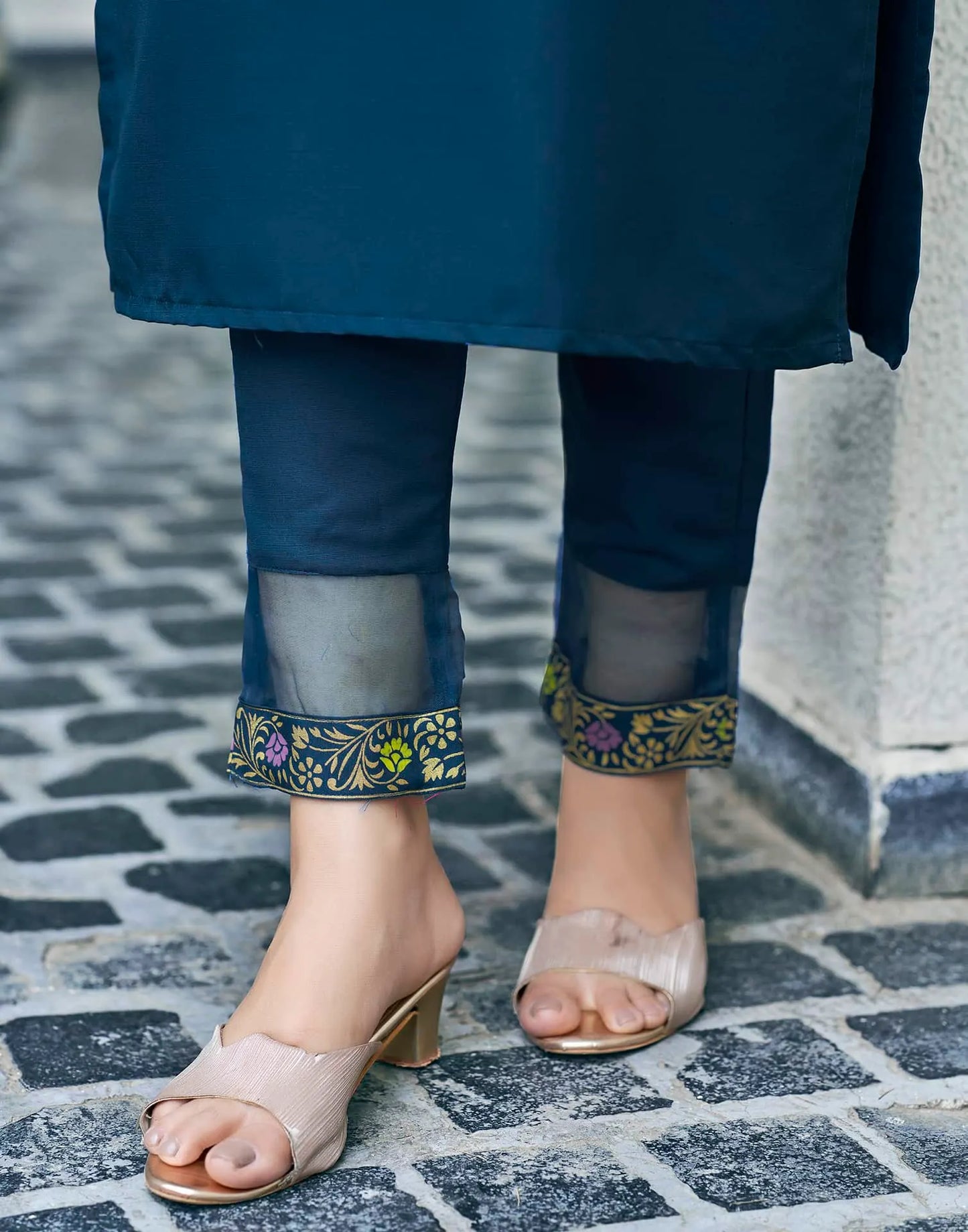 Cotton Blend Foil Printed and Gota Lace Straight Kurta with Pant & Dupatta