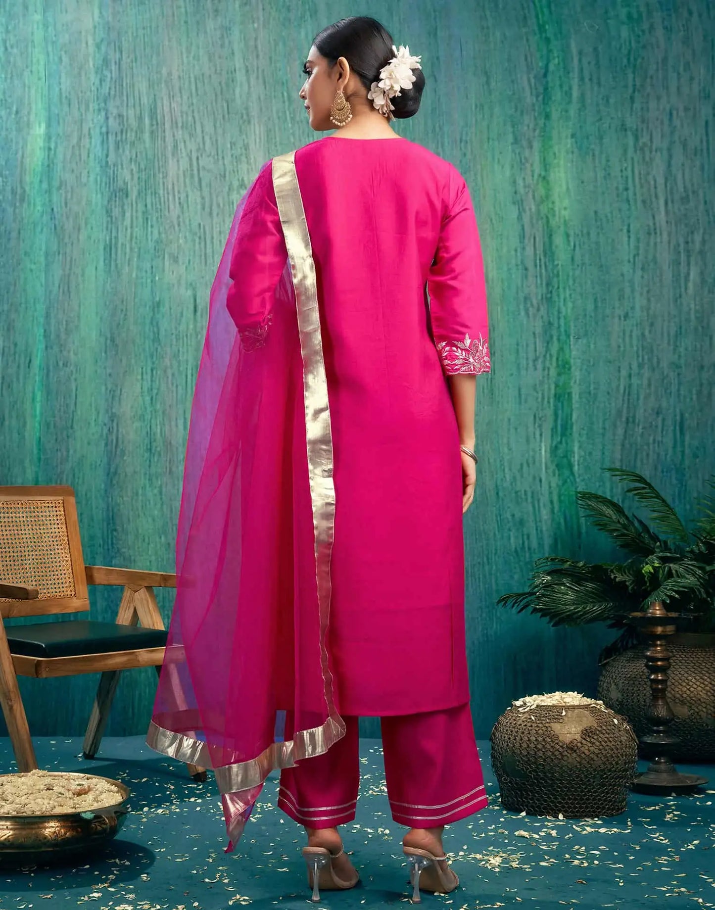Silk Blend Embroidered Straight Kurta with Pant & Dupatta