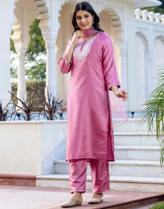 Silk Blend Embroidery Work Straight Kurta with Pant & Dupatta