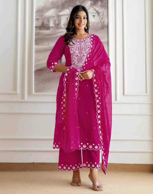 Cotton Embroidered Straight Kurta with Pant & Dupatta