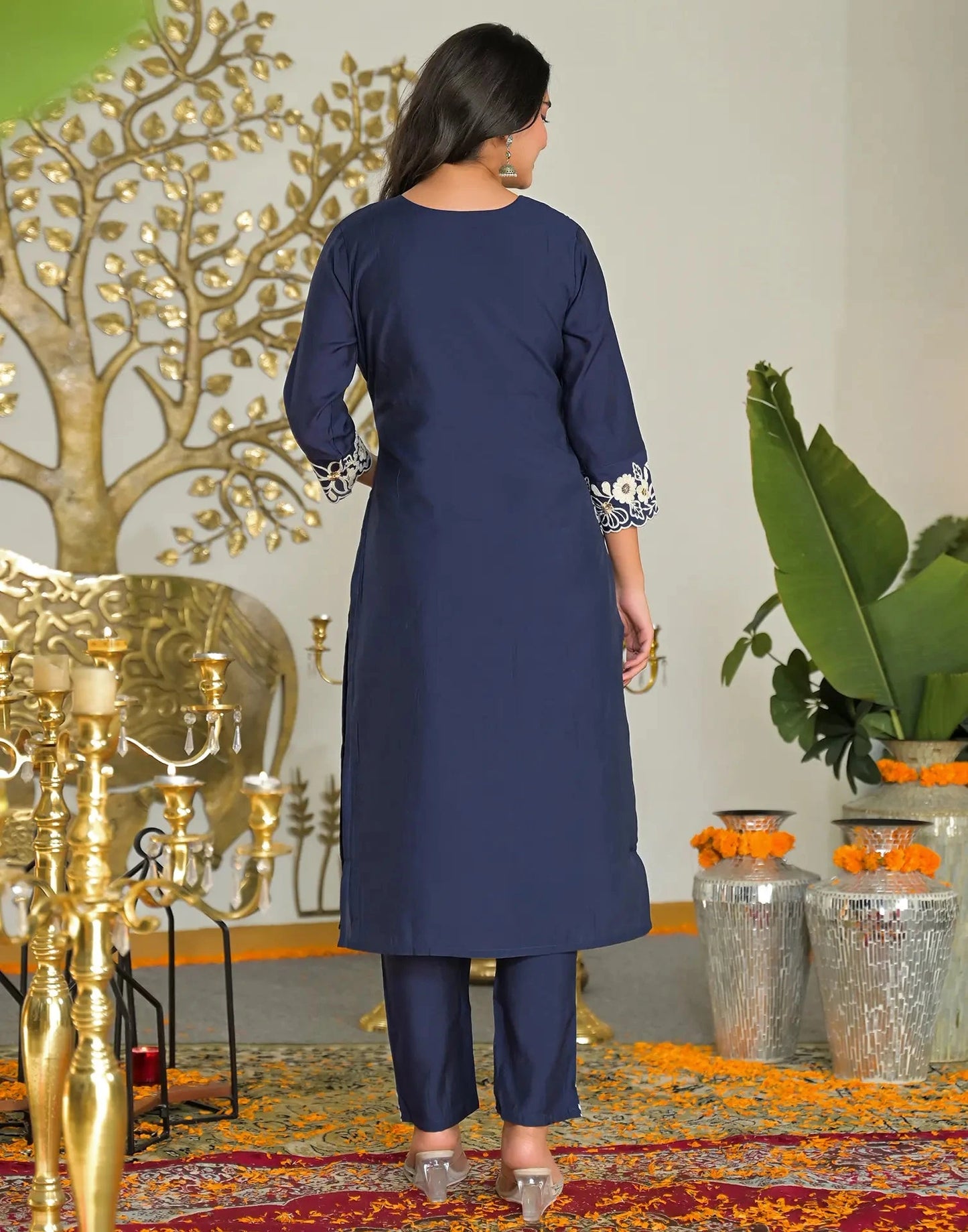 Silk Embroidered V-Neck Straight Kurta with Pant & Dupatta