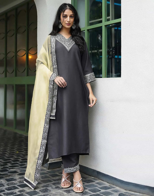 Silk Blend Sequins Embroidery Lace Straight Kurta with Pant & Dupatta
