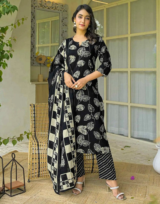 Cotton Straight Printed V-Neck Kurta with Pant & Dupatta