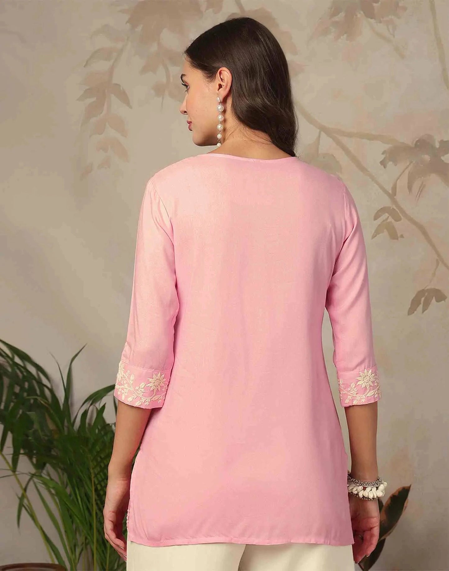 Rayon Chikankari Straight Round Neck Short Kurti