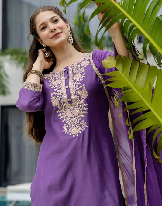 Purple Silk Embroidered Straight Kurta Set with Pant & Dupatta under 1299