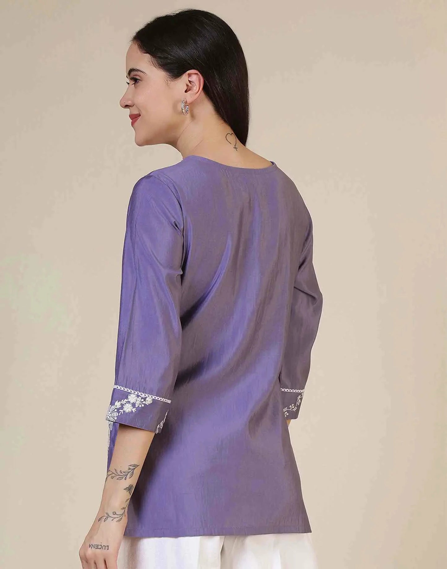 Silk Blend Chikankari Straight Round Neck Short Kurti