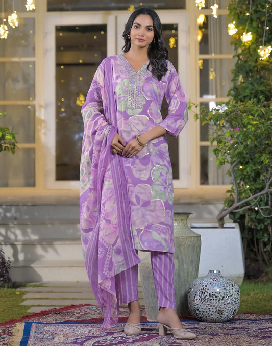 Rayon Printed V-Neck Straight Kurta with Pant & Dupatta