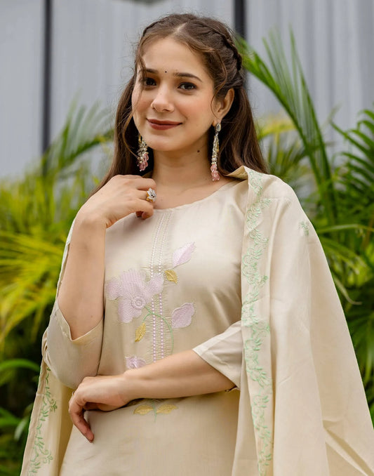 Silk Blend Embroidered Straight Kurta with Pant & Dupatta