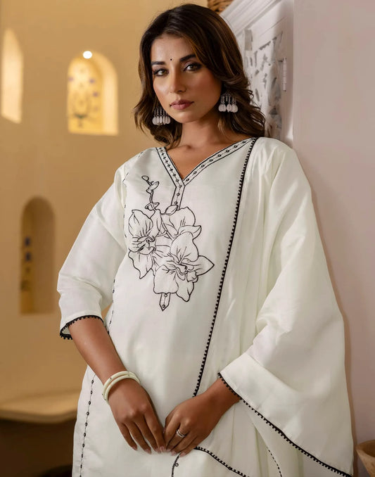 Silk Embroidery and Lace Straight Kurta with Pant & Dupatta