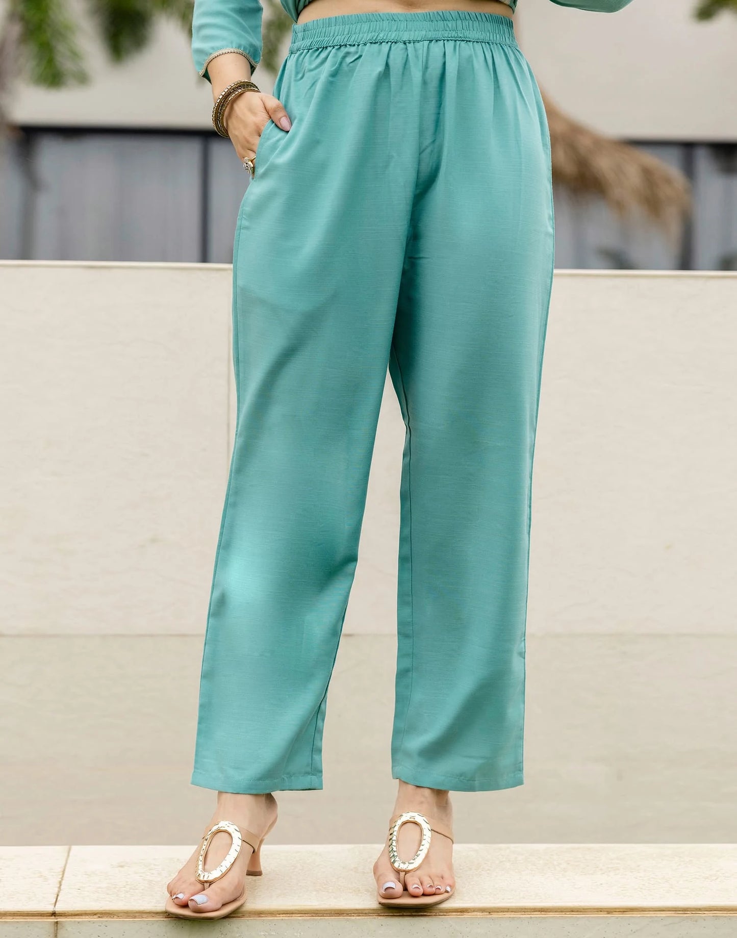 Cotton Slub Straight Embroidery V-Neck Kurta with Pant & Dupatta