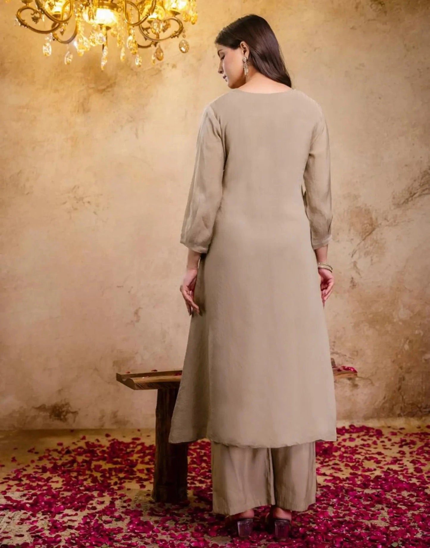 Silk Embroidered Straight V-Neck Kurta with Pant & Dupatta