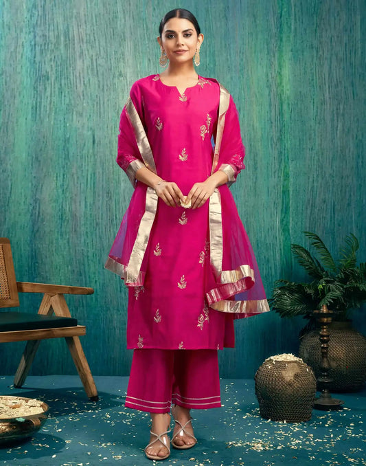 Silk Blend Embroidered Straight Kurta with Pant & Dupatta