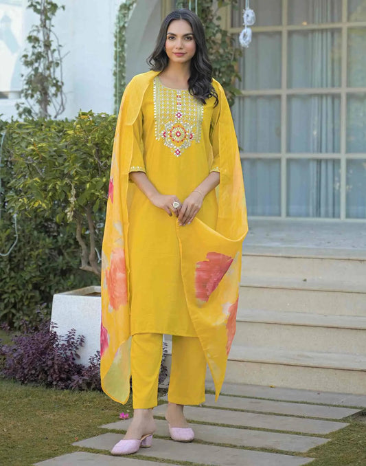 Silk Embroidered Straight Round Neck Kurta with Pant & Dupatta