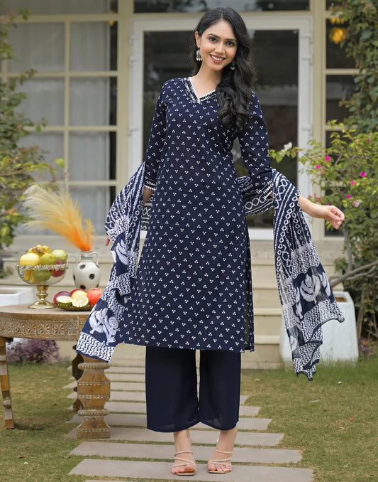 Cotton Printed V-Neck Straight Kurta with Pant & Dupatta