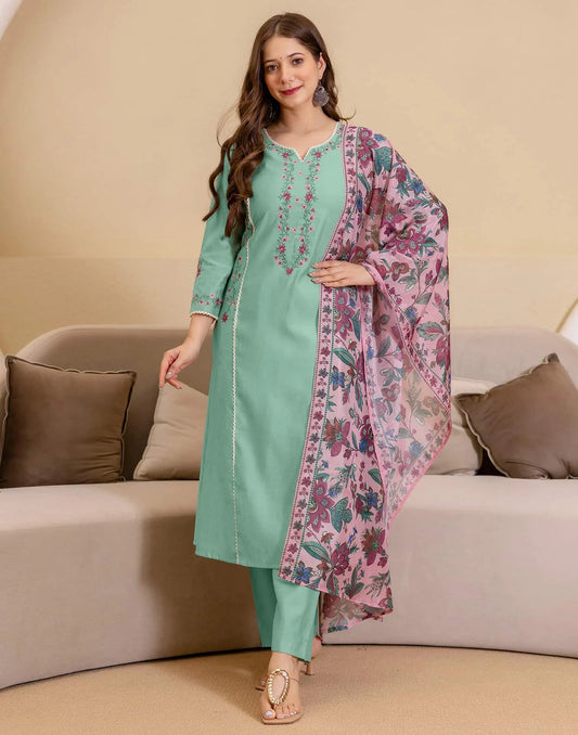 Green Silk Embroidered Straight Kurta Set with Pant and Dupatta