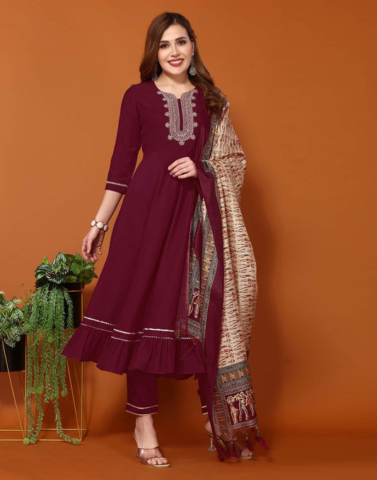Maroon Cotton Anarkali Kurta Set with Pant & Dupatta Festive Wear under 1000