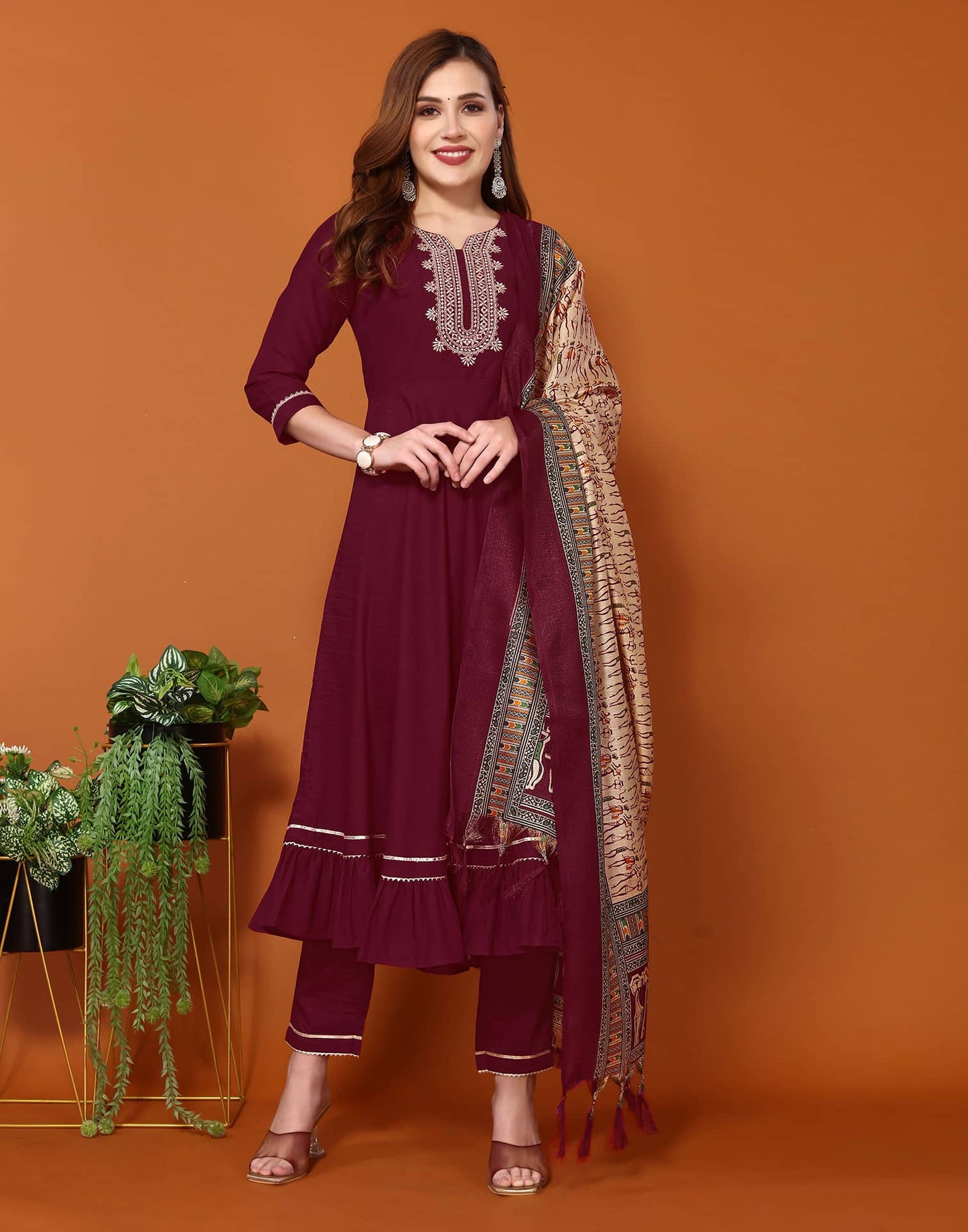 Maroon Cotton Anarkali Kurta Set with Pant & Dupatta Festive Wear under 1000