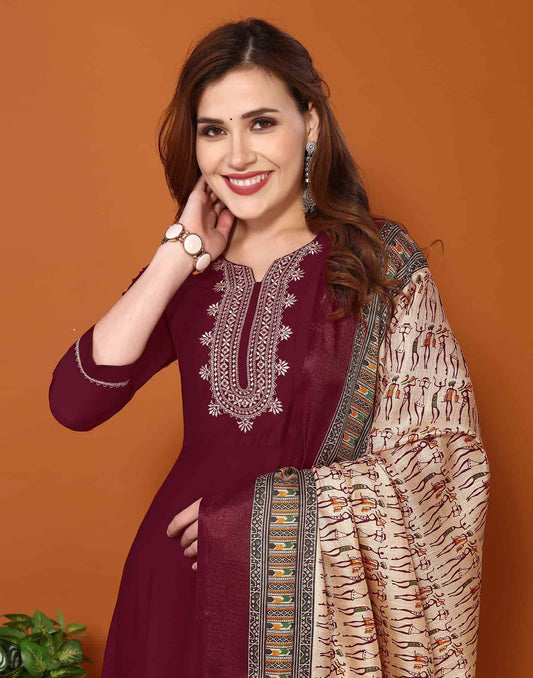 Maroon Cotton Anarkali Kurta Set with Pant & Dupatta Festive Wear under 1000