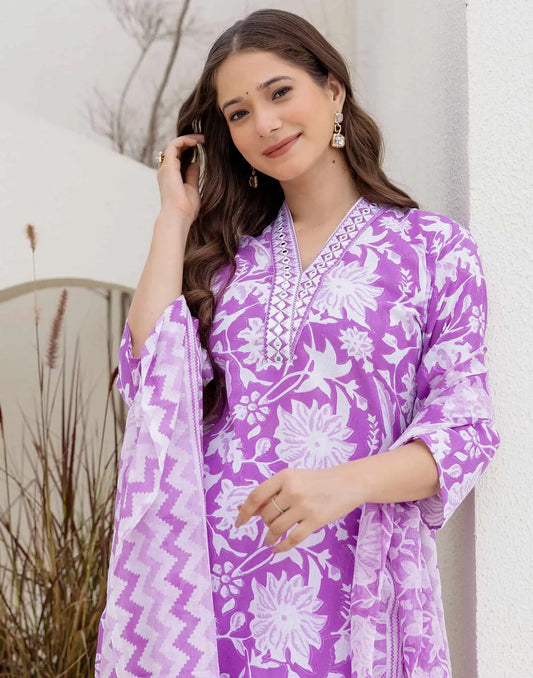 Cotton Printed Straight Kurta with Pant & Dupatta