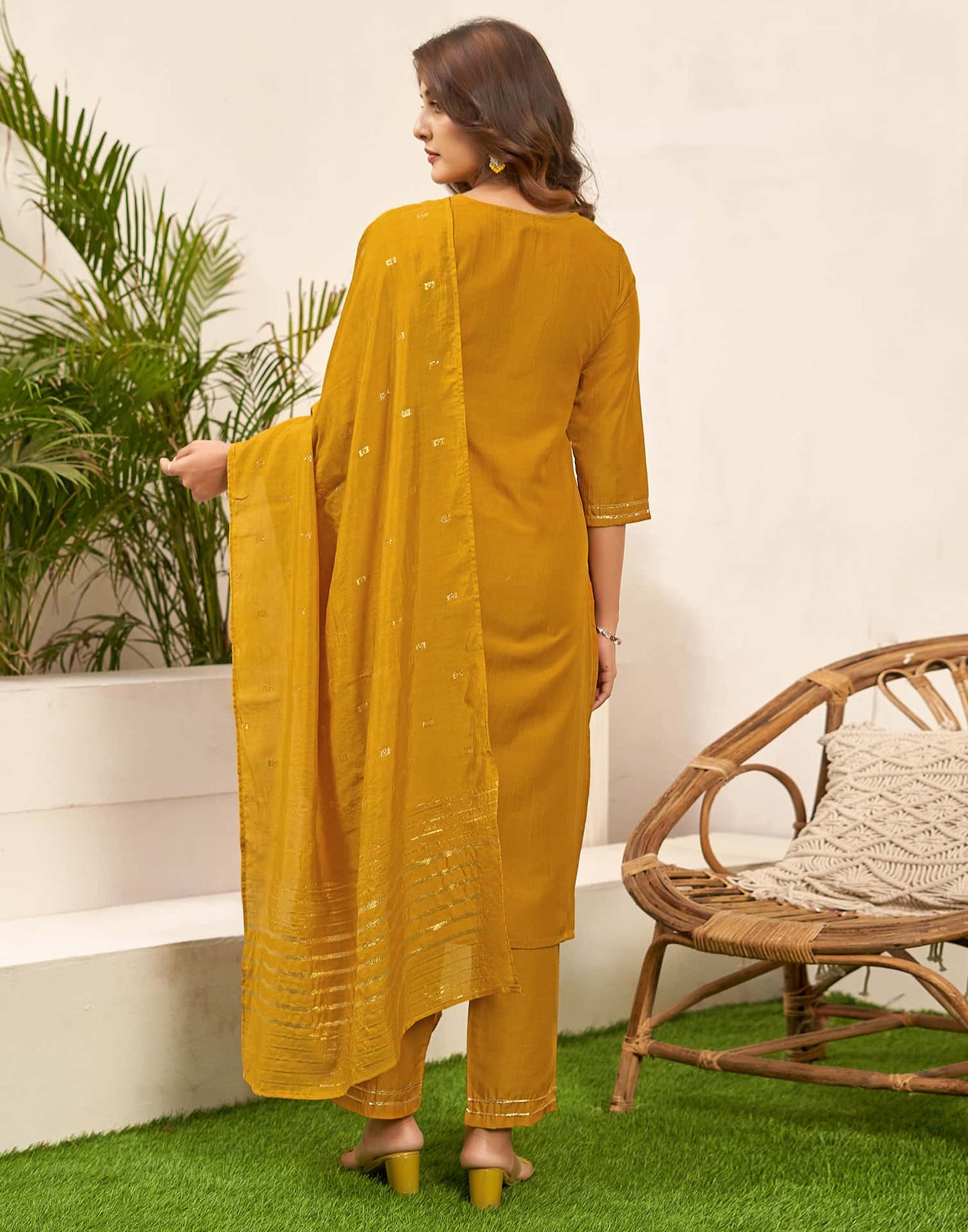 Yellow Cotton Straight Kurta Set with Pant & Dupatta for Women