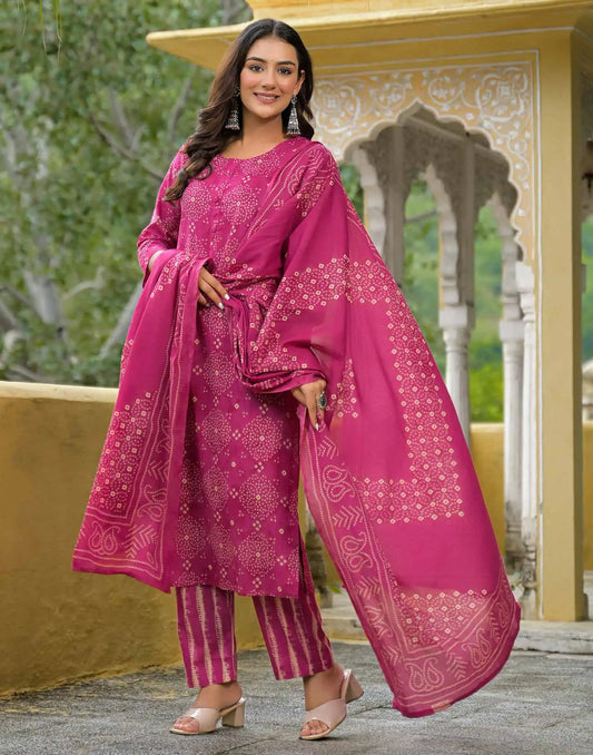 Cotton Straight Printed Round Neck Kurta with Pant & Dupatta