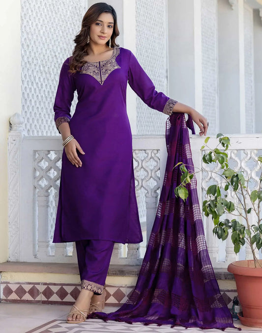 Cotton Blend Weaving and Lace Straight Kurta with Pant & Dupatta