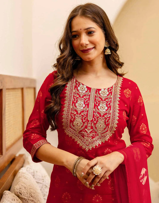 Cotton Embroidered Straight Kurta with Pant & Dupatta