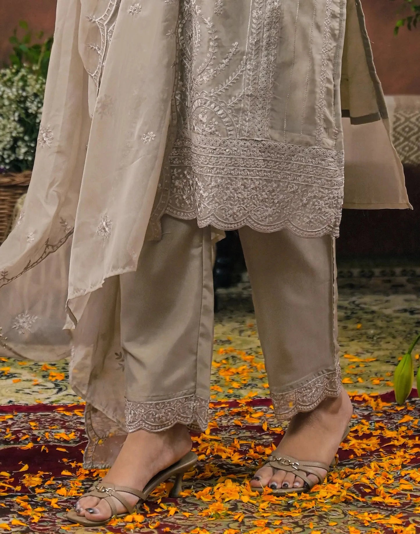 Silk Embroidered Round Neck Straight Kurta with Pant & Dupatta