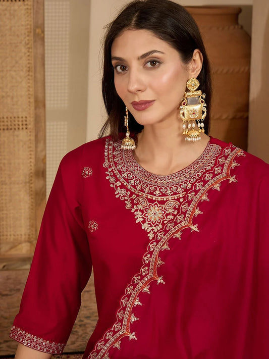 Maroon Silk Embroidered Kurta Set with Dupatta Round Neck Ethnic Wear for Karwa Chauth