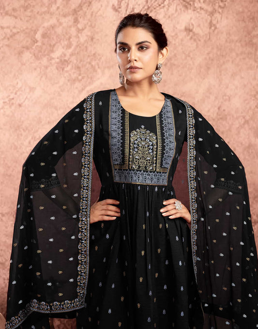 Black Cotton Printed Anarkali Kurta Set with Pant & Dupatta Festive Kurti Set Under 1299