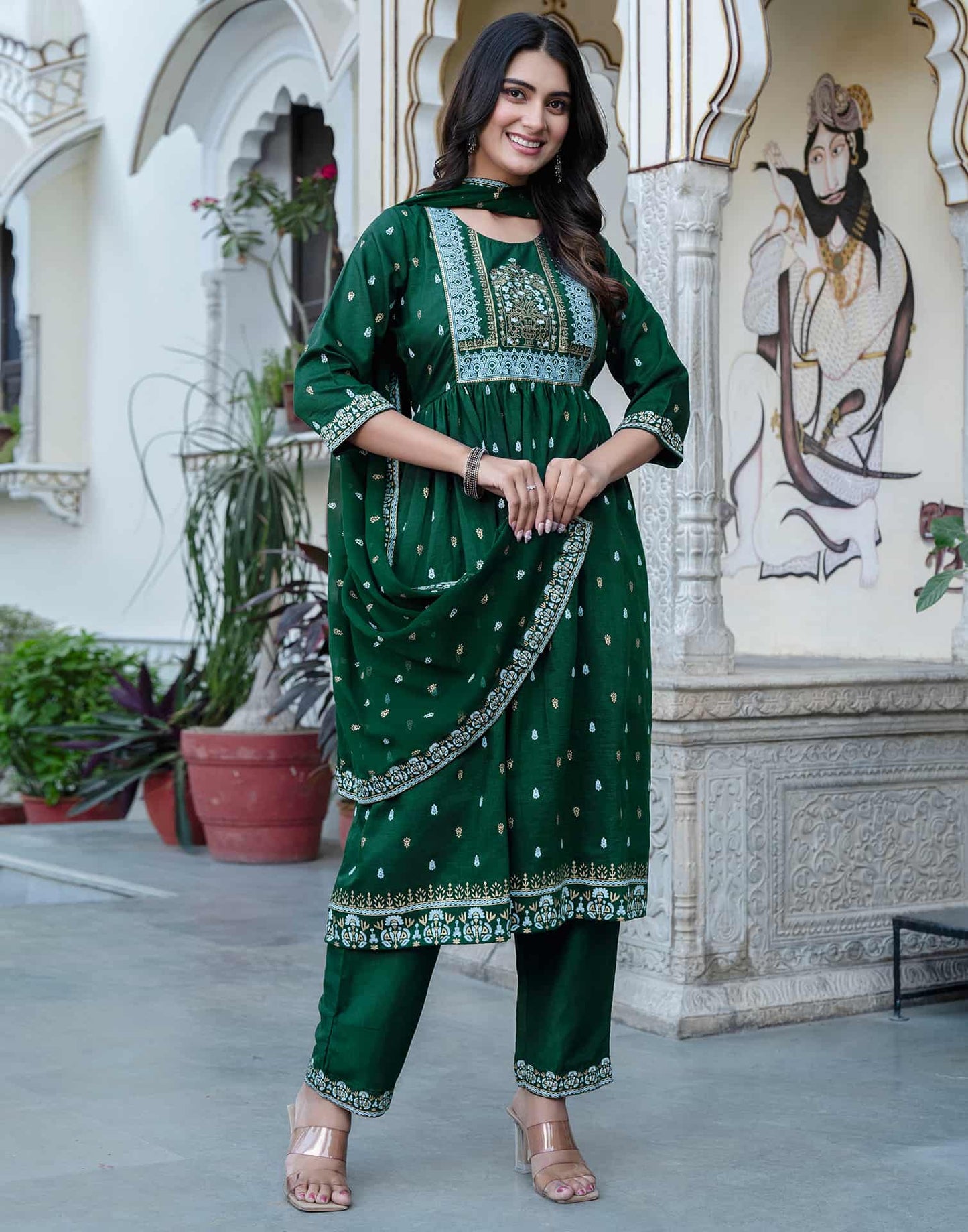 Dark Green Cotton Printed Anarkali Kurta Set with Pant & Dupatta Festive Wear