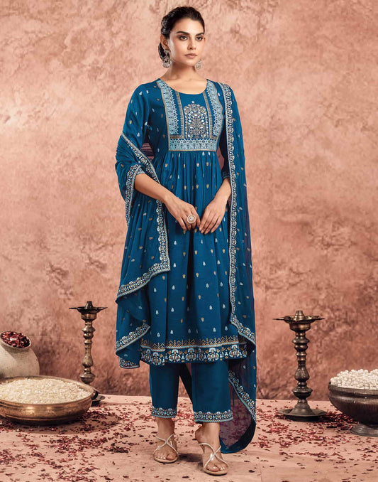 Blue Cotton Printed Anarkali Kurta Set with Pant & Dupatta Festive Wear for Women
