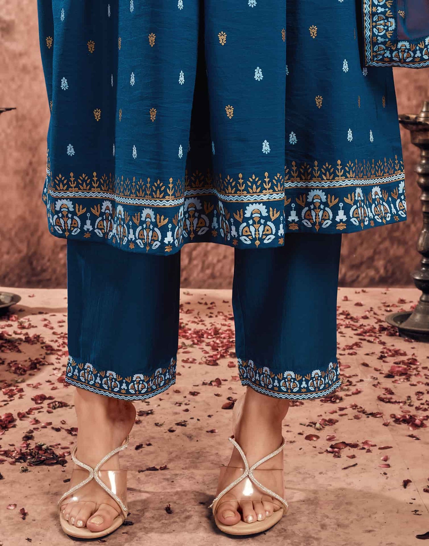 Blue Cotton Printed Anarkali Kurta Set with Pant & Dupatta Festive Wear for Women
