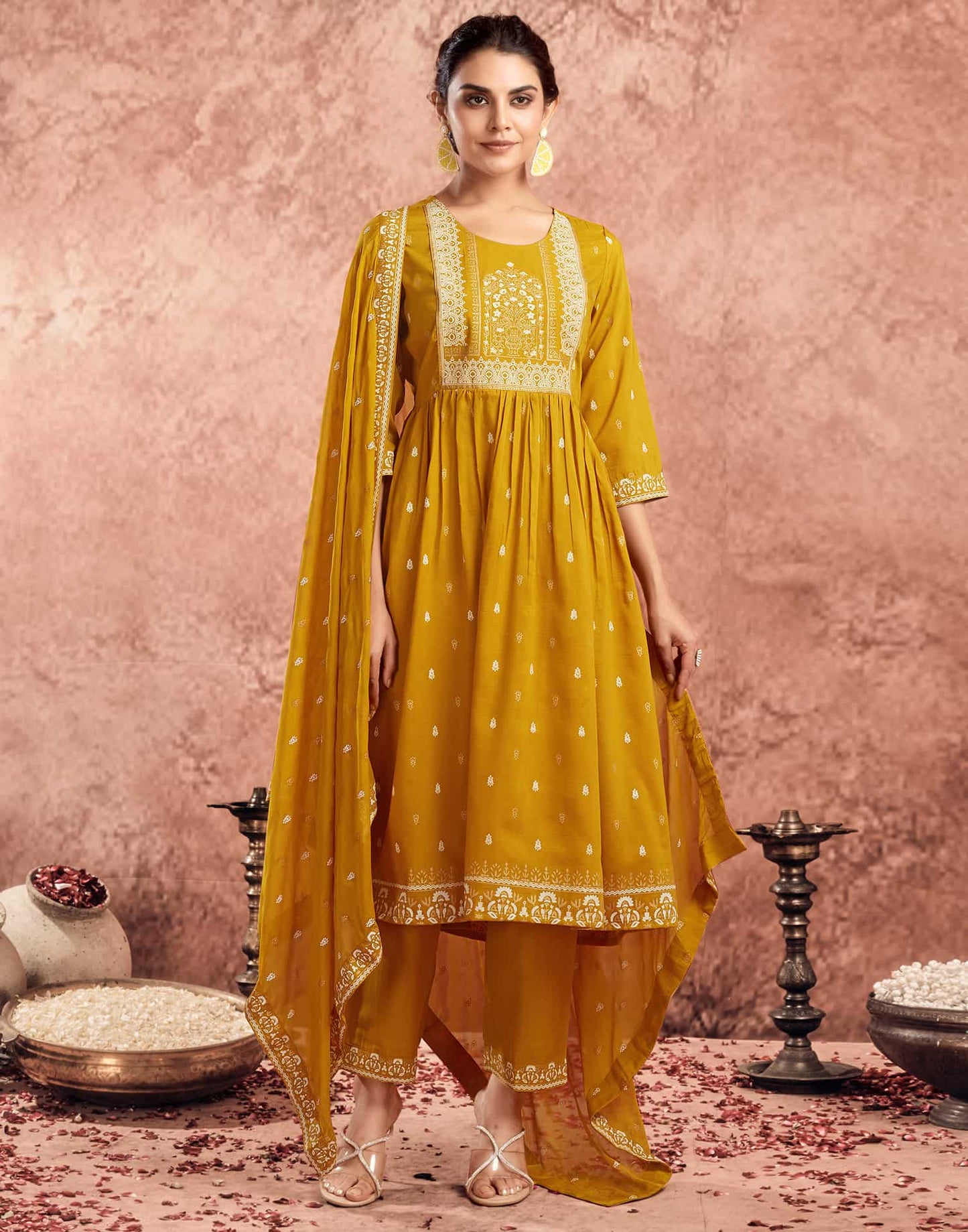 Yellow Cotton Printed Anarkali Kurta Set with Pant & Dupatta Festive Wear