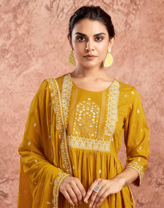 Yellow Cotton Printed Anarkali Kurta Set with Pant & Dupatta Festive Wear