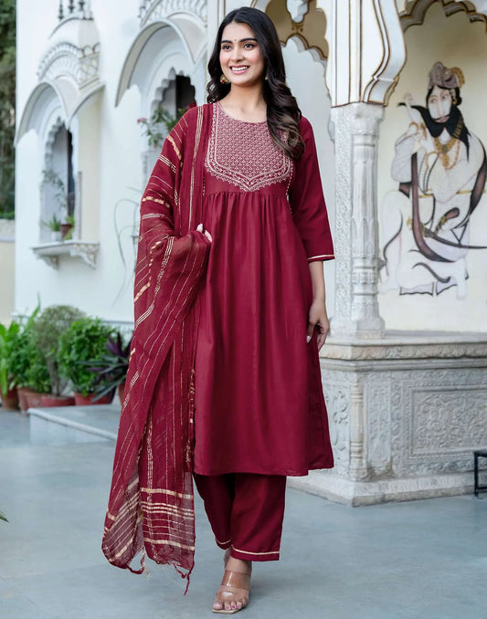 Rayon Blend Embroidered Anarkali Kurta with Pant & Dupatta