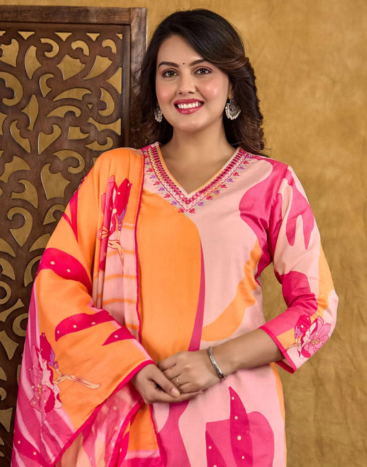 Cotton Straight Printed V-Neck Kurta with Pant & Dupatta