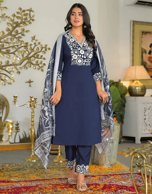 Silk Embroidered V-Neck Straight Kurta with Pant & Dupatta