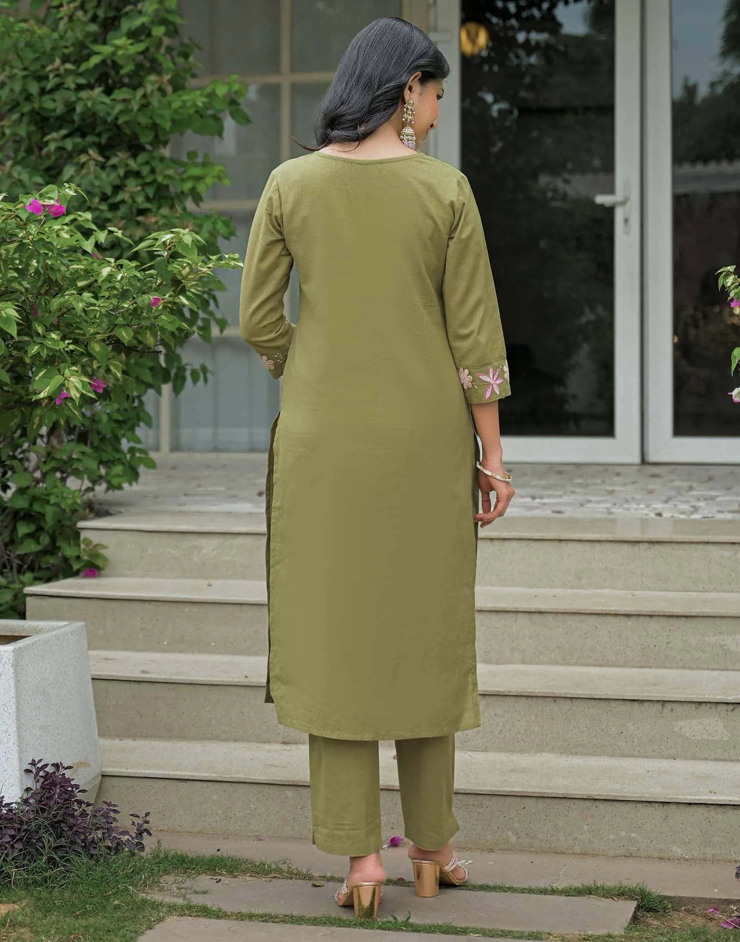 Cotton Embroidered Straight Kurta with Pant & Dupatta