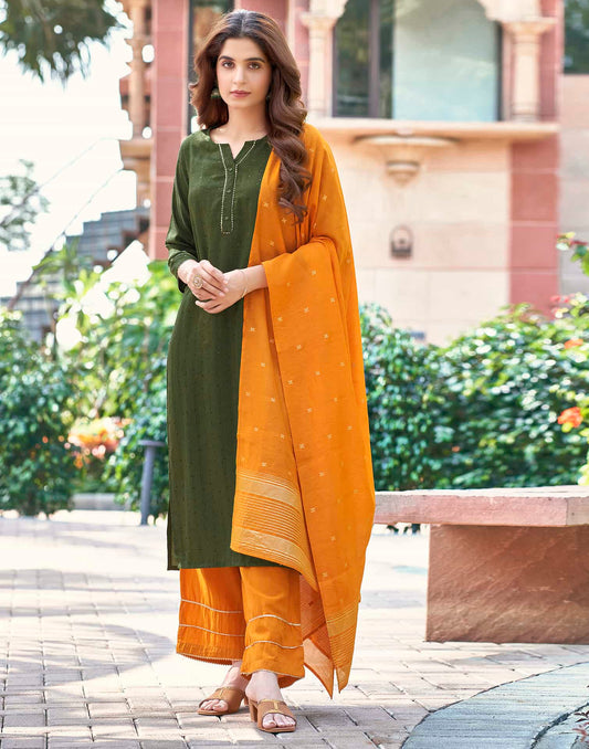 Green Cotton Solid Straight Kurta Set with Pant and Dupatta Festive Wear