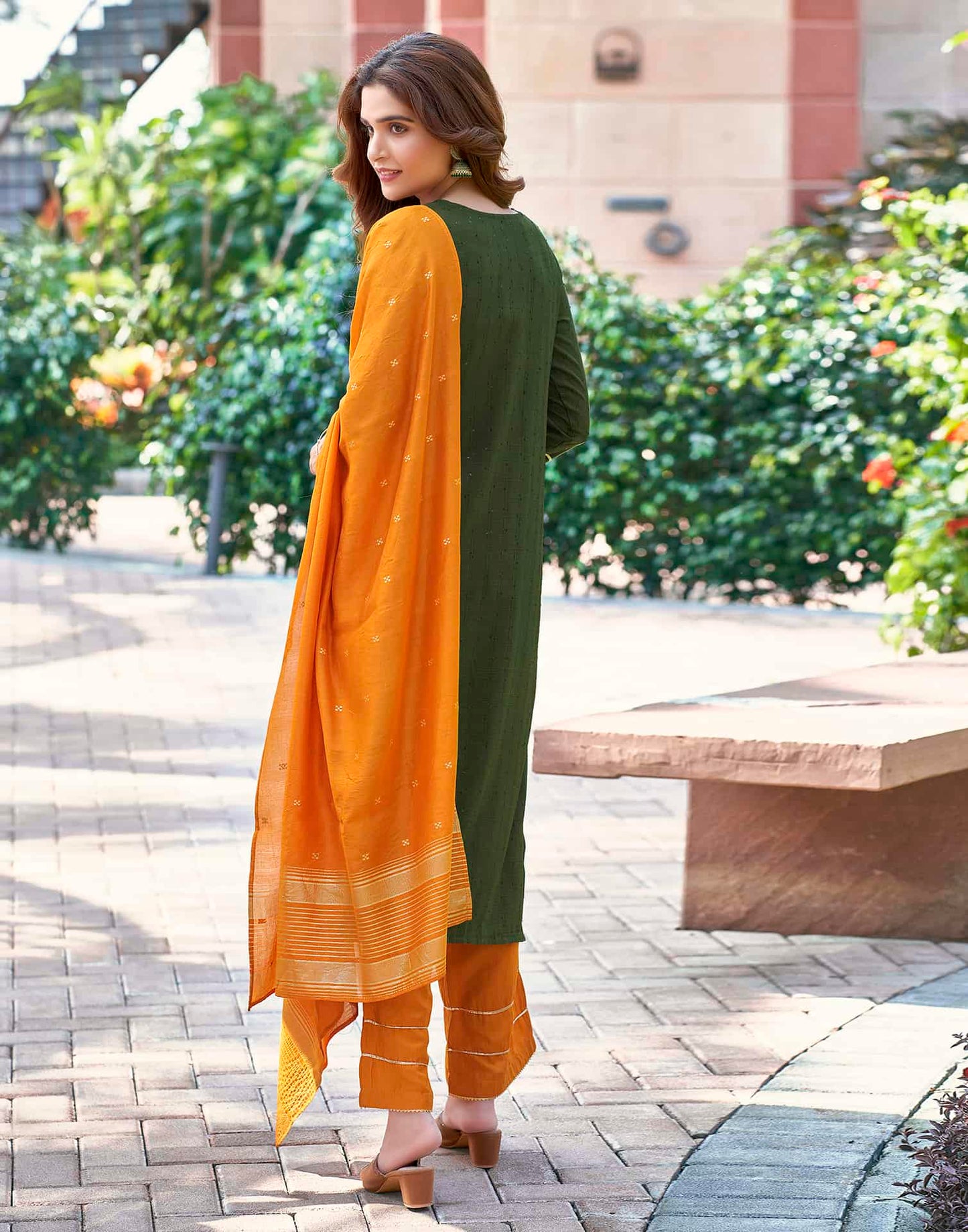 Green Cotton Solid Straight Kurta Set with Pant and Dupatta Festive Wear