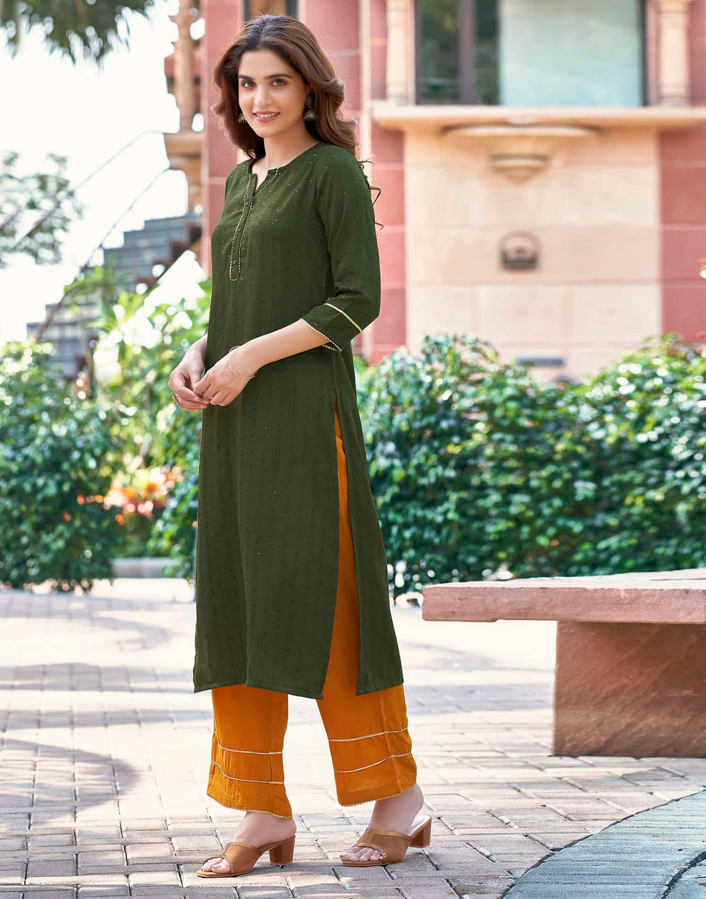 Green Cotton Solid Straight Kurta Set with Pant and Dupatta Festive Wear