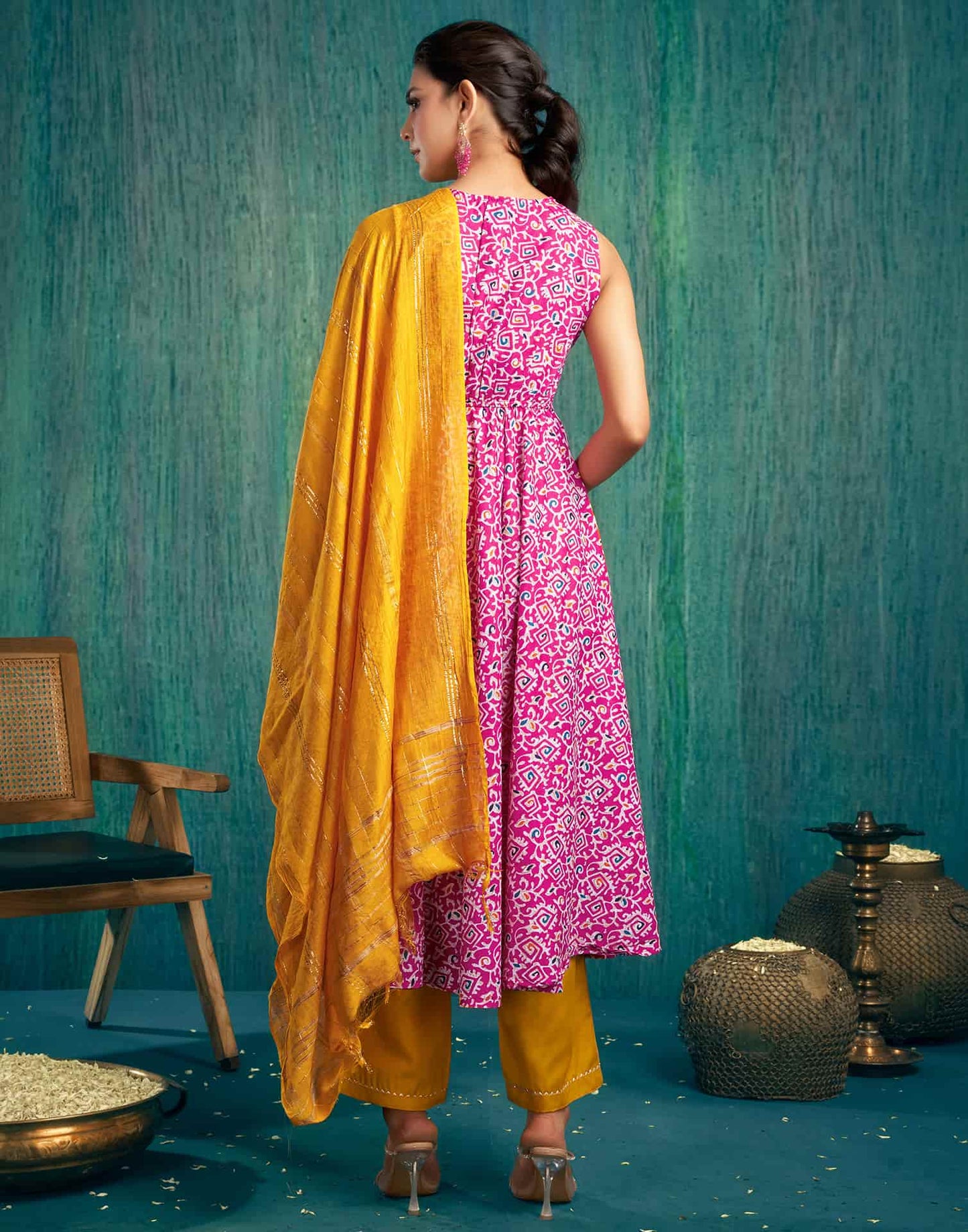 Pink Cotton Printed Anarkali Kurta Set with Pant and Dupatta Casual Wear