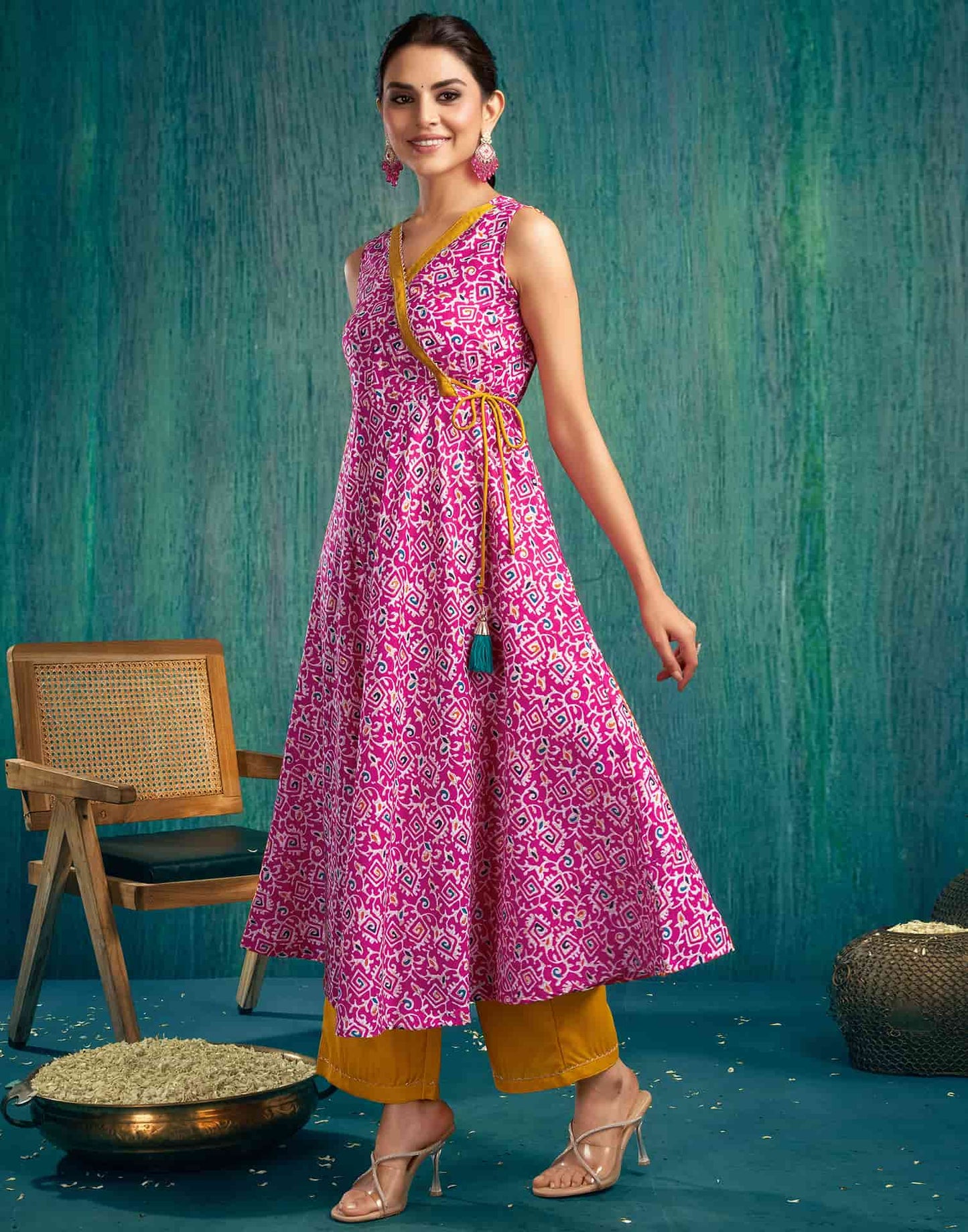 Pink Cotton Printed Anarkali Kurta Set with Pant and Dupatta Casual Wear