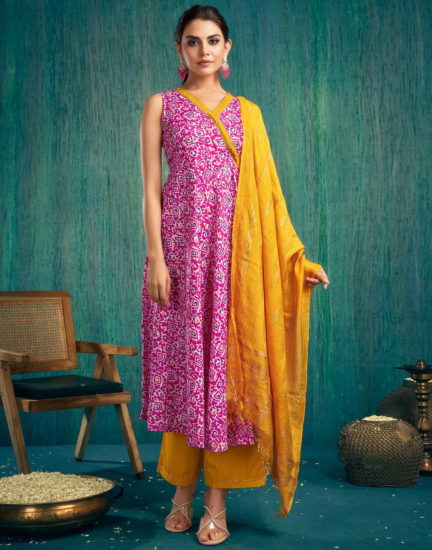 Pink Cotton Printed Anarkali Kurta Set with Pant and Dupatta Casual Wear