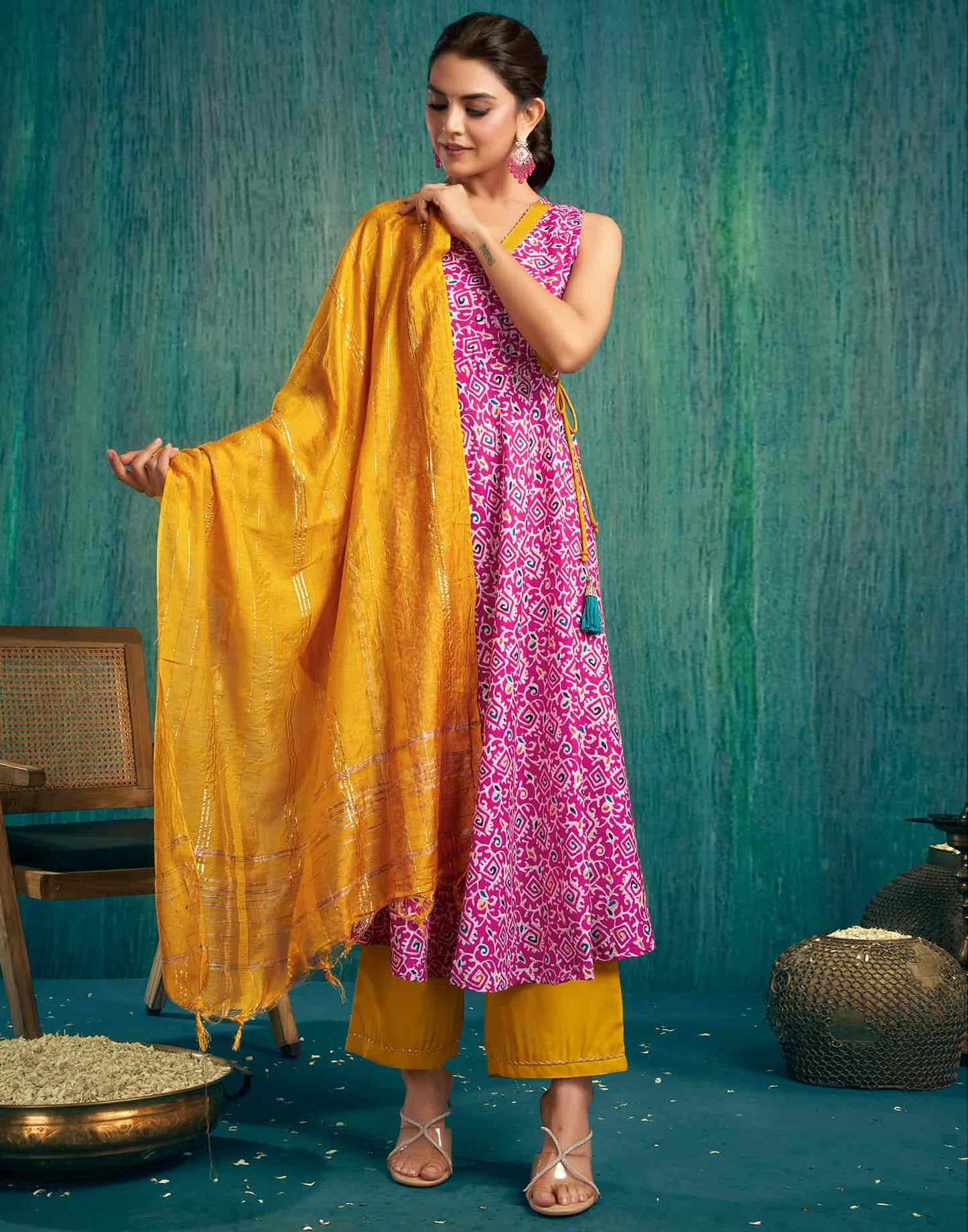 Pink Cotton Printed Anarkali Kurta Set with Pant and Dupatta Casual Wear